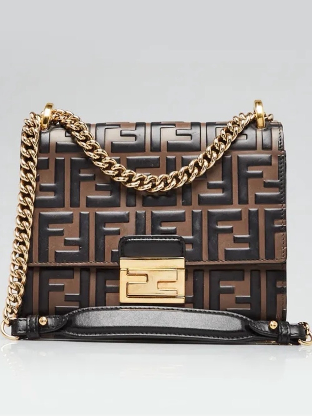 Fendi Brown and Black FF Embossed Leather Crossbody with Gold Chain